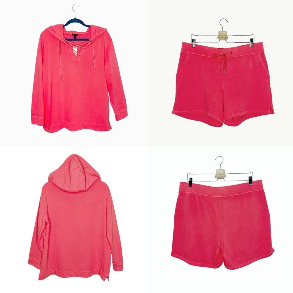 NWT Talbots Neon Coral/Pink Terry Cloth Beach Hoodie & Shorts Set